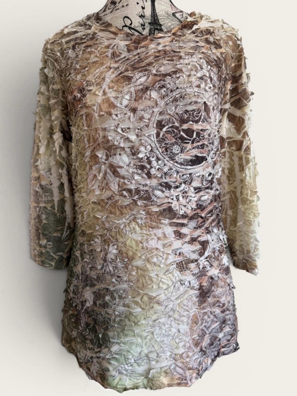 Women’s Boho Style 3/4 Sleeve Textured Sheer Layered Top - Neutral Size Small